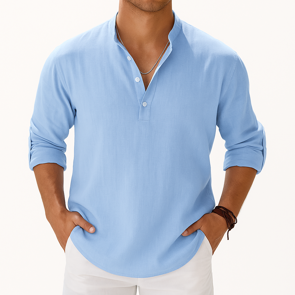 Chemise Henley Homme en Coton-Lin – Manches Longues Col Mao