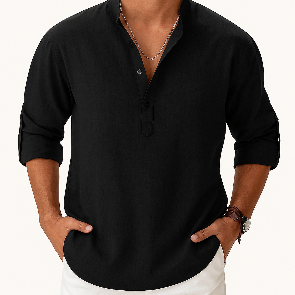 Chemise Henley Homme en Coton-Lin – Manches Longues Col Mao