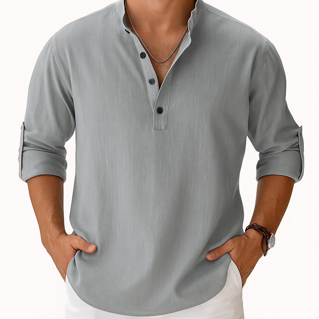 Chemise Henley Homme en Coton-Lin – Manches Longues Col Mao