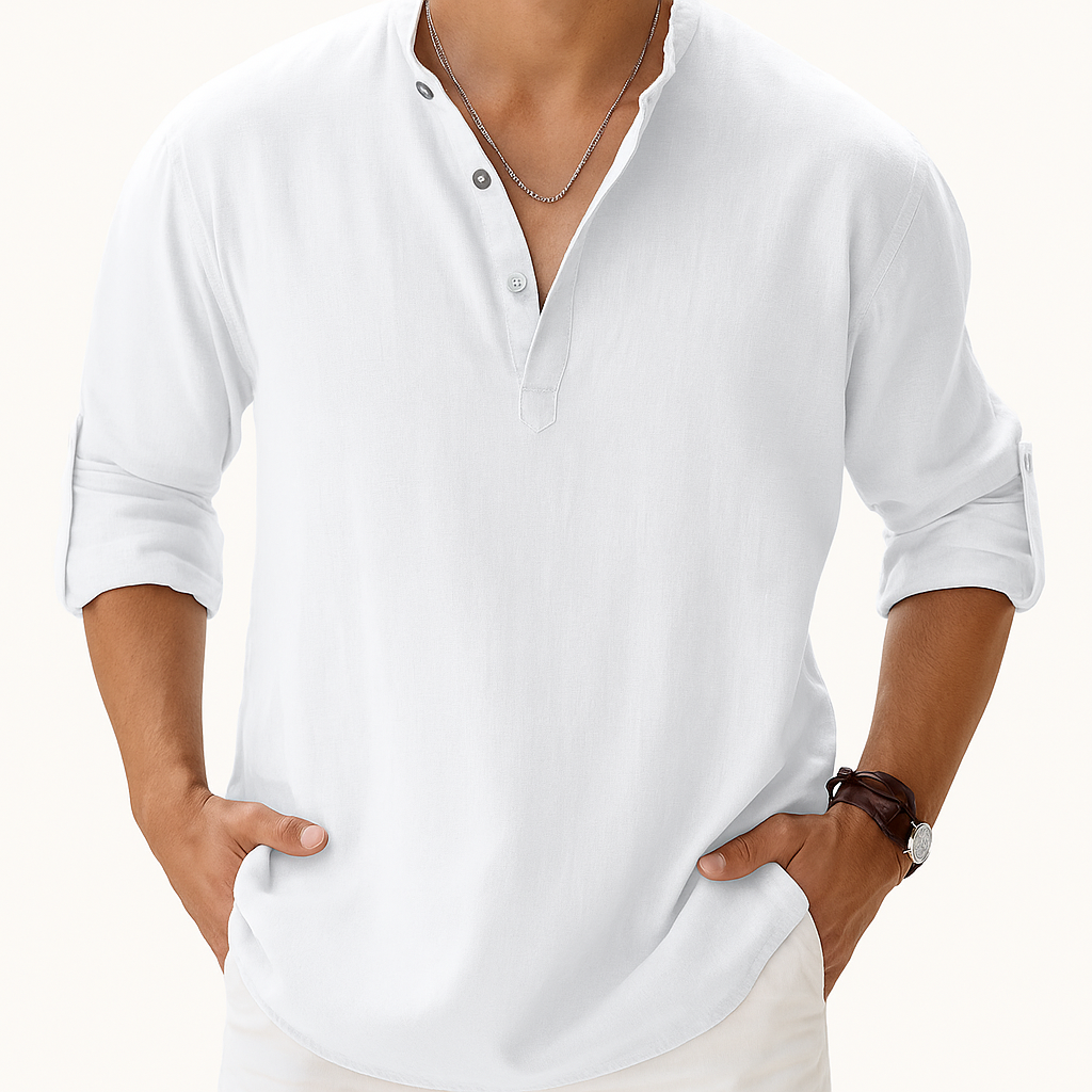 Chemise Henley Homme en Coton-Lin – Manches Longues Col Mao