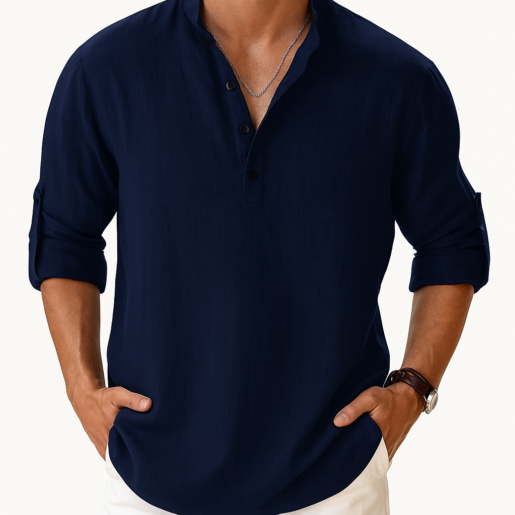 Chemise Henley Homme en Coton-Lin – Manches Longues Col Mao