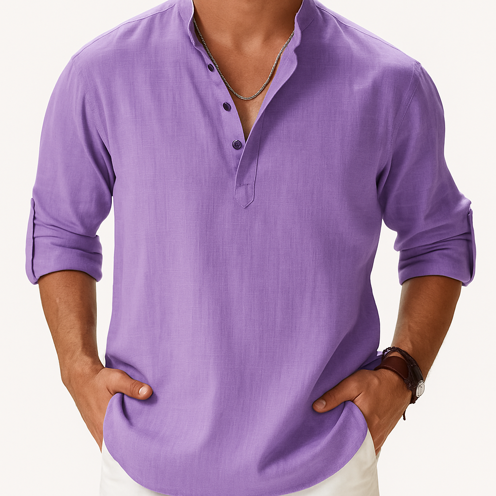 Chemise Henley Homme en Coton-Lin – Manches Longues Col Mao