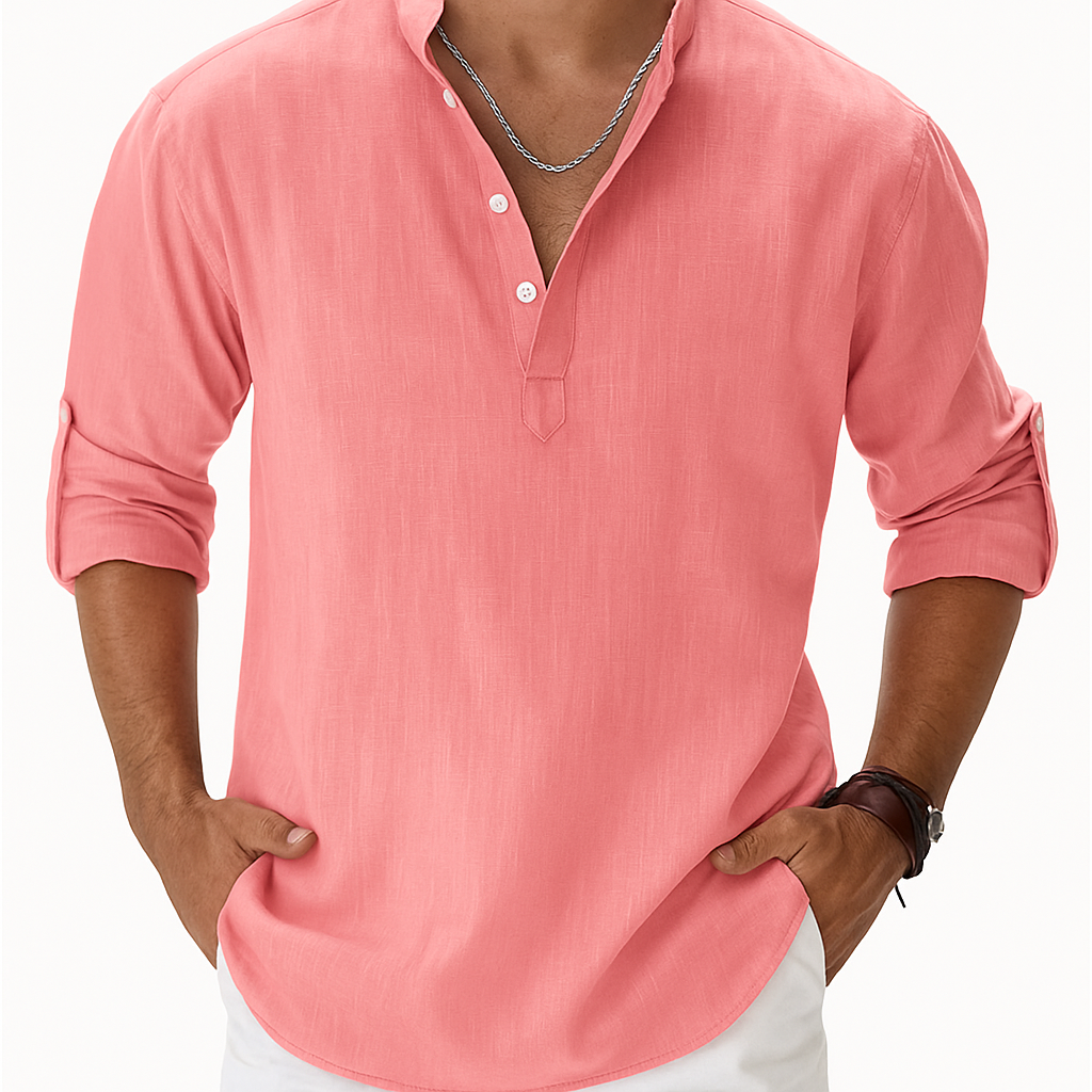 Chemise Henley Homme en Coton-Lin – Manches Longues Col Mao