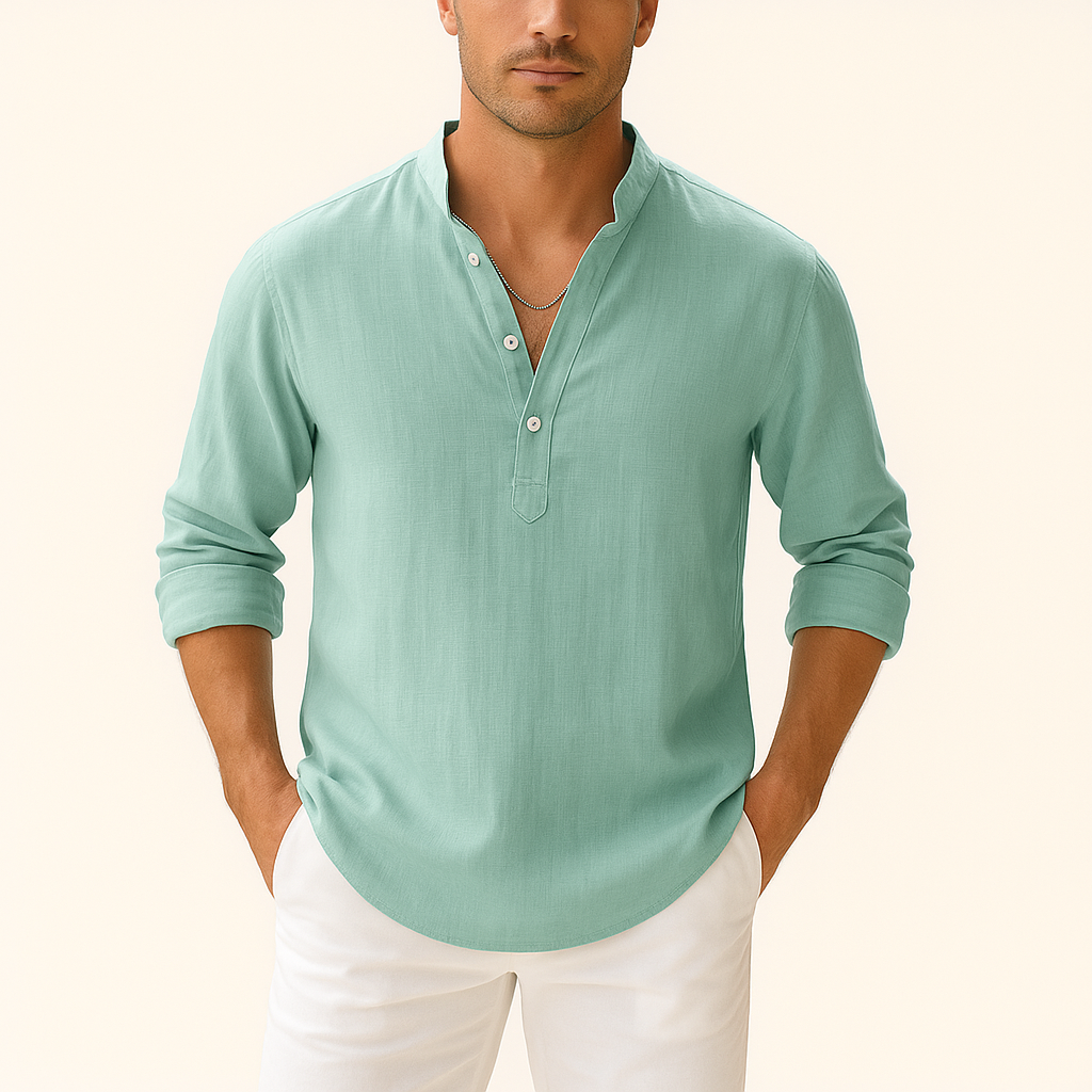 Chemise Henley Homme en Coton-Lin – Manches Longues Col Mao