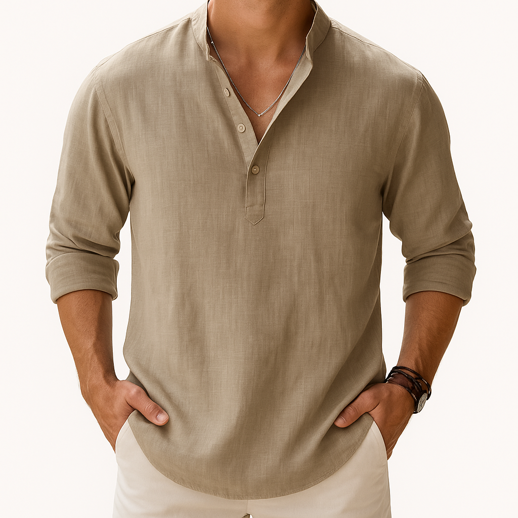 Chemise Henley Homme en Coton-Lin – Manches Longues Col Mao