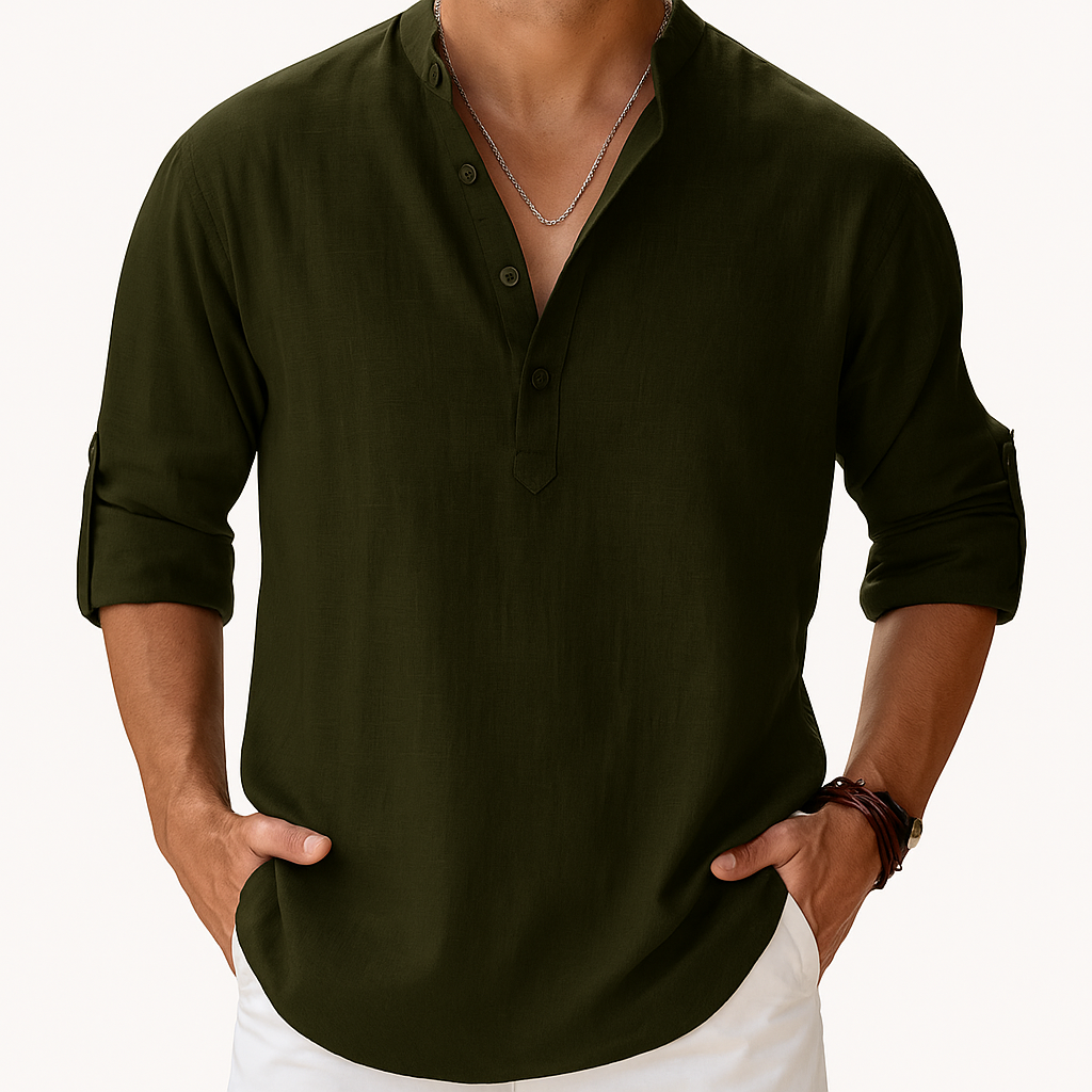 Chemise Henley Homme en Coton-Lin – Manches Longues Col Mao