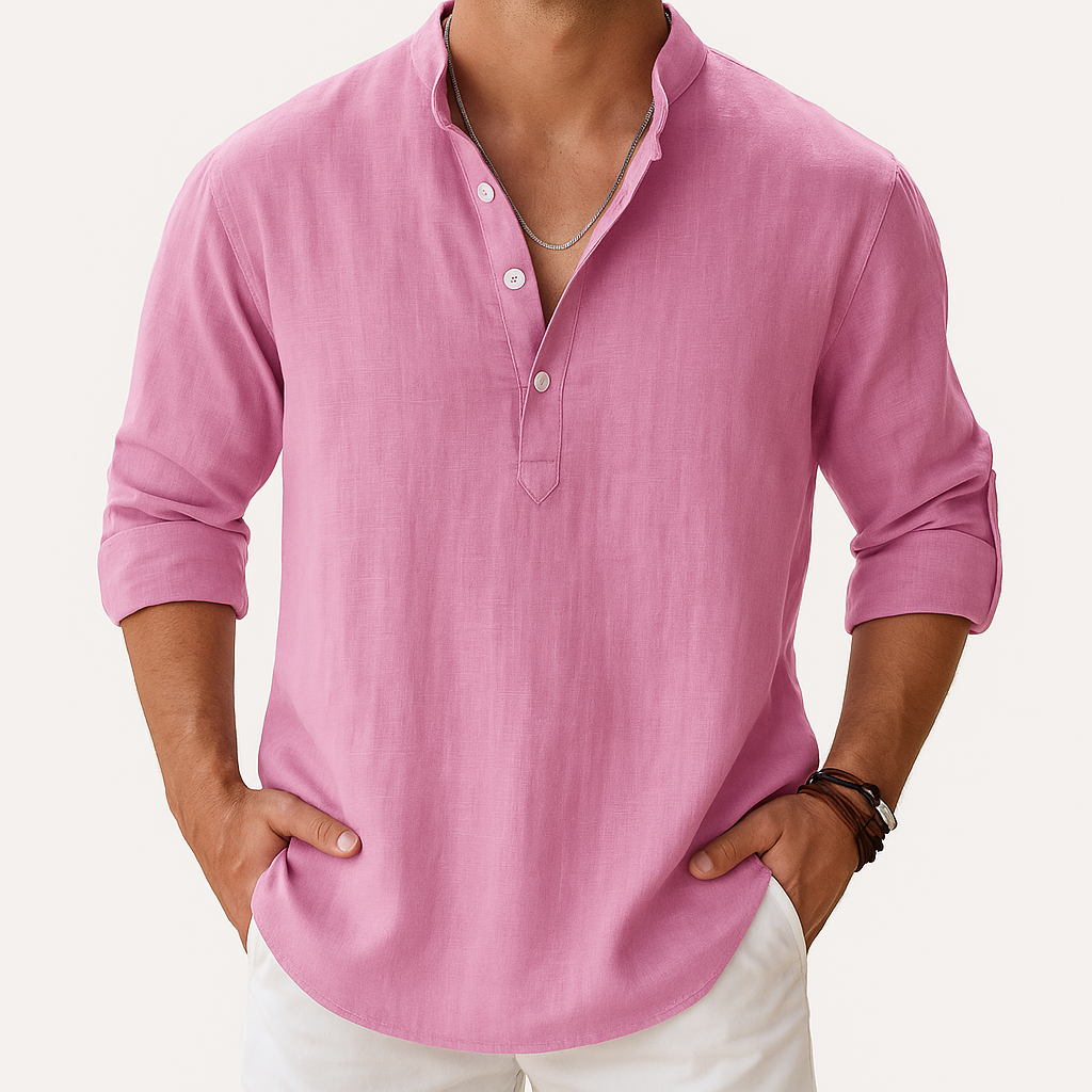 Chemise Henley Homme en Coton-Lin – Manches Longues Col Mao