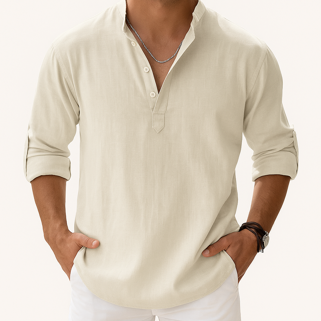 Chemise Henley Homme en Coton-Lin – Manches Longues Col Mao