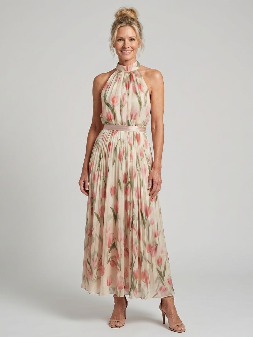 Aurelle Women's Midi Dress | Floral Print, Halter Neck, Summer Style 0