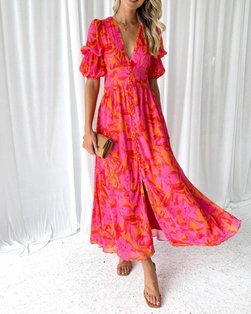 Brittany Women's Maxi Dress | Elegant Red Pink, Flattering Fit, Puff Sleeves 0