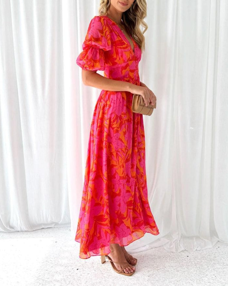 Brittany Women's Maxi Dress | Elegant Red Pink, Flattering Fit, Puff Sleeves 1