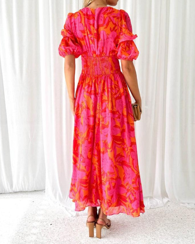 Brittany Women's Maxi Dress | Elegant Red Pink, Flattering Fit, Puff Sleeves 2