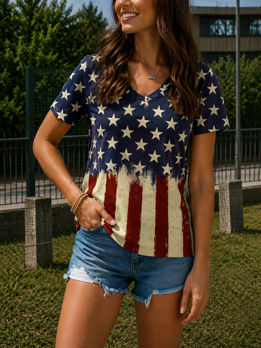 SERILDA | Women's American flag t-shirt v-neck short sleeve World Cup fan casual