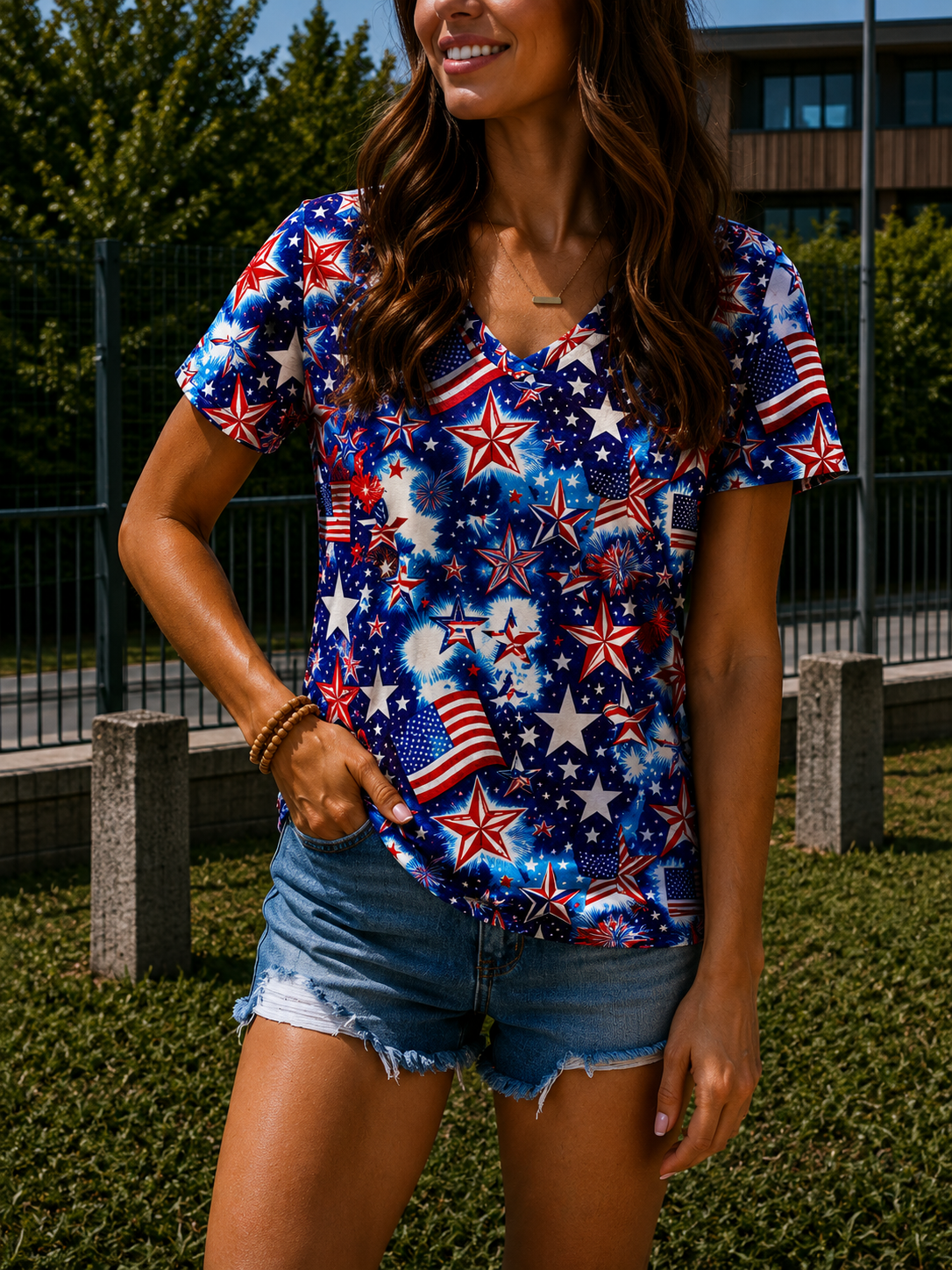 SERILDA | Women's American flag t-shirt v-neck short sleeve World Cup fan casual