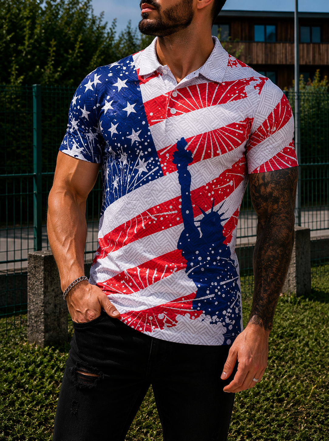ADRIANO | Men's muscle fit polo shirt USA flag 3D print World Cup football fan