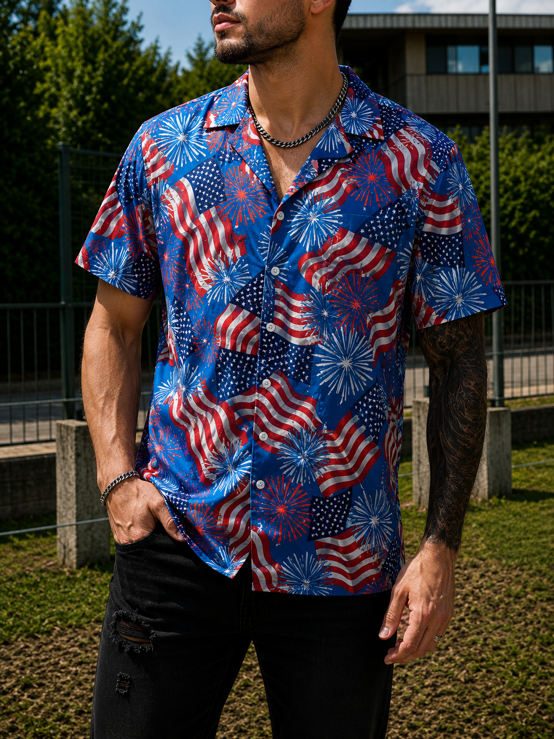 BLAKE | Men's American flag Hawaiian shirt camp collar World Cup fan plus size