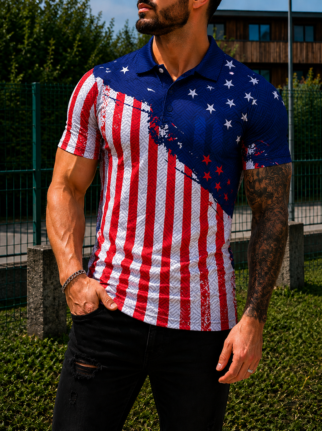 ADRIANO | Men's muscle fit polo shirt USA flag 3D print World Cup football fan