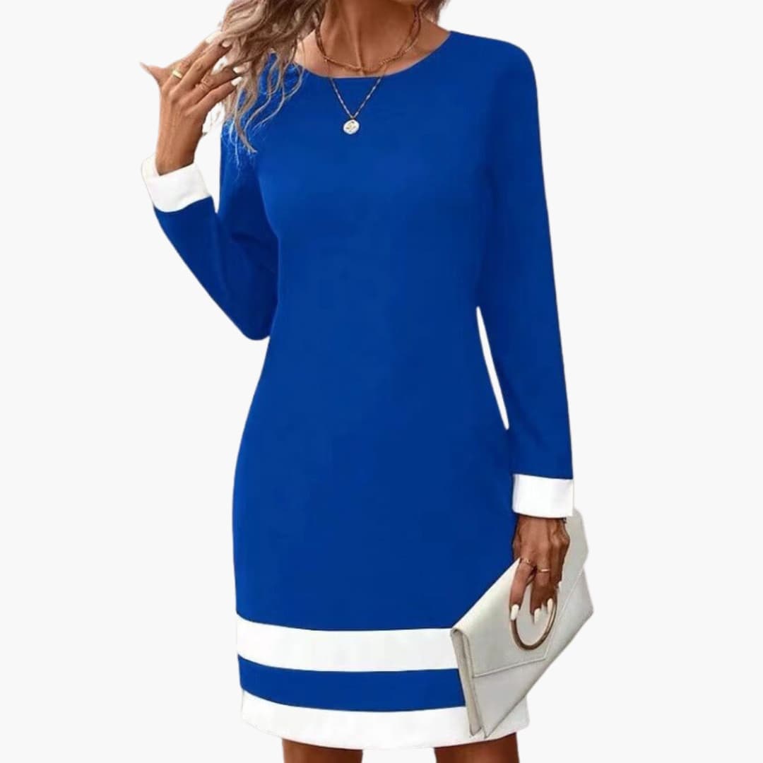 Chic Women's Dress | Long Sleeve with Contrast Cuffs, Plus Size Available 0