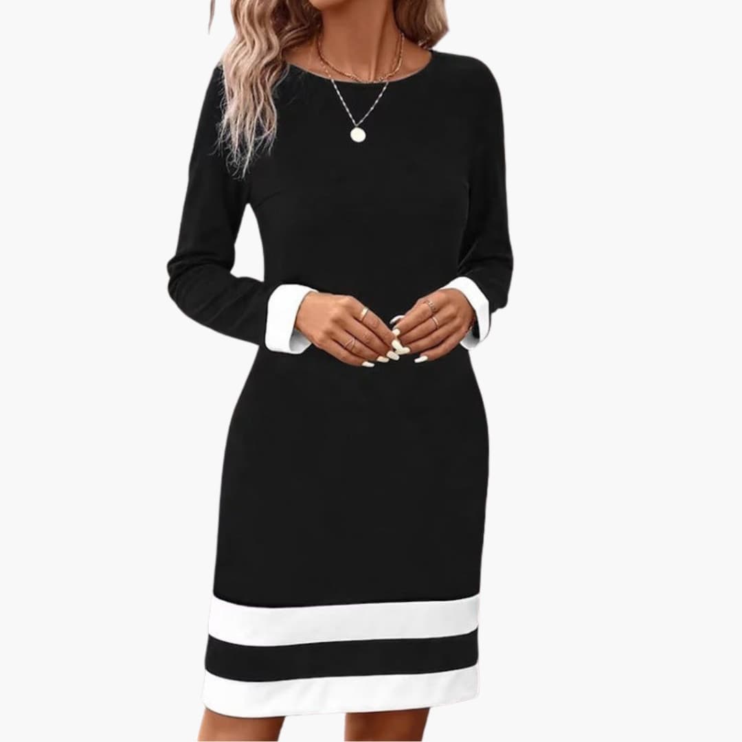 Chic Women's Dress | Long Sleeve with Contrast Cuffs, Plus Size Available 1