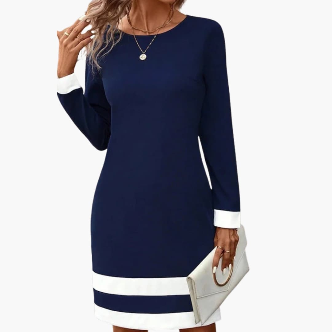 Chic Women's Dress | Long Sleeve with Contrast Cuffs, Plus Size Available 2