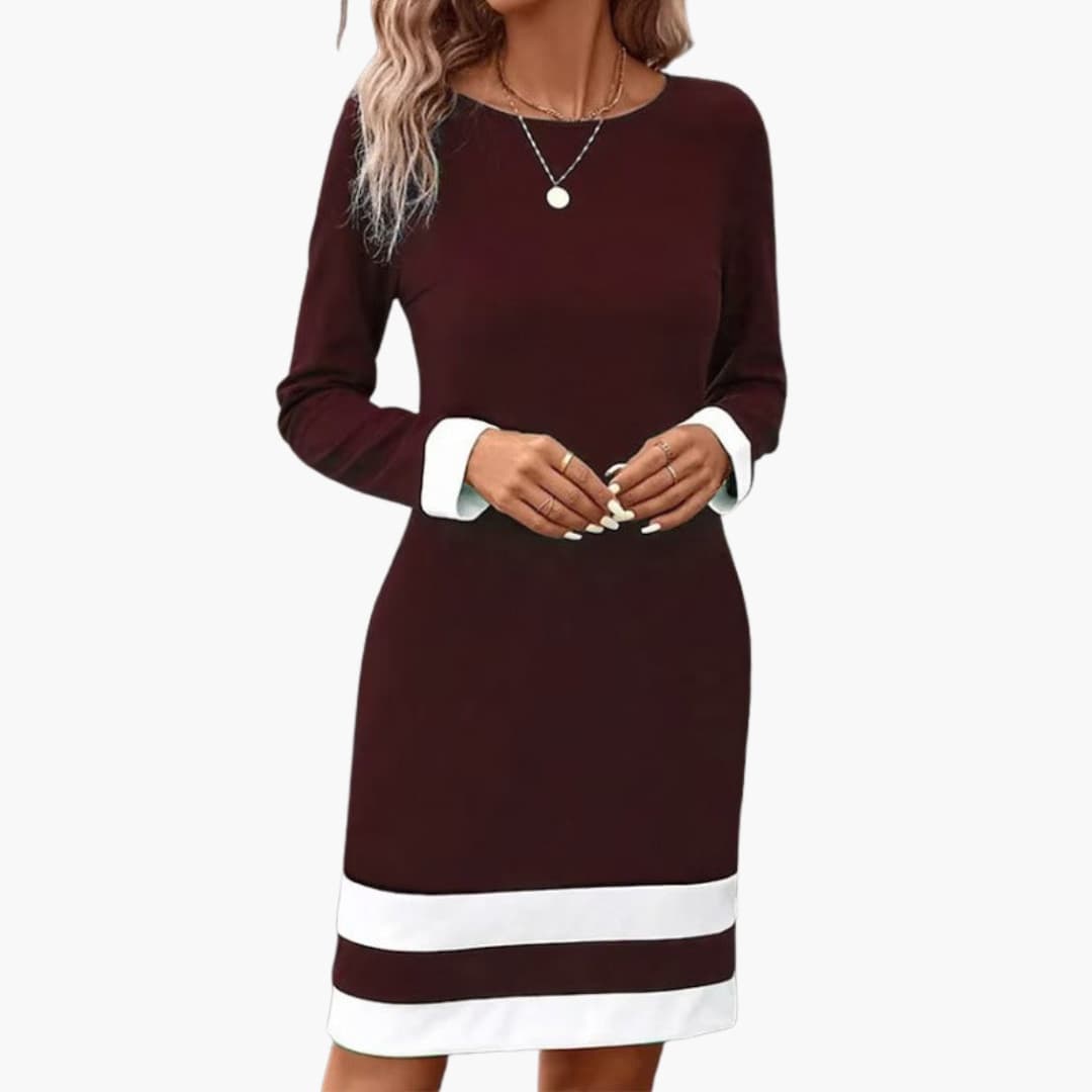 Chic Women's Dress | Long Sleeve with Contrast Cuffs, Plus Size Available 3