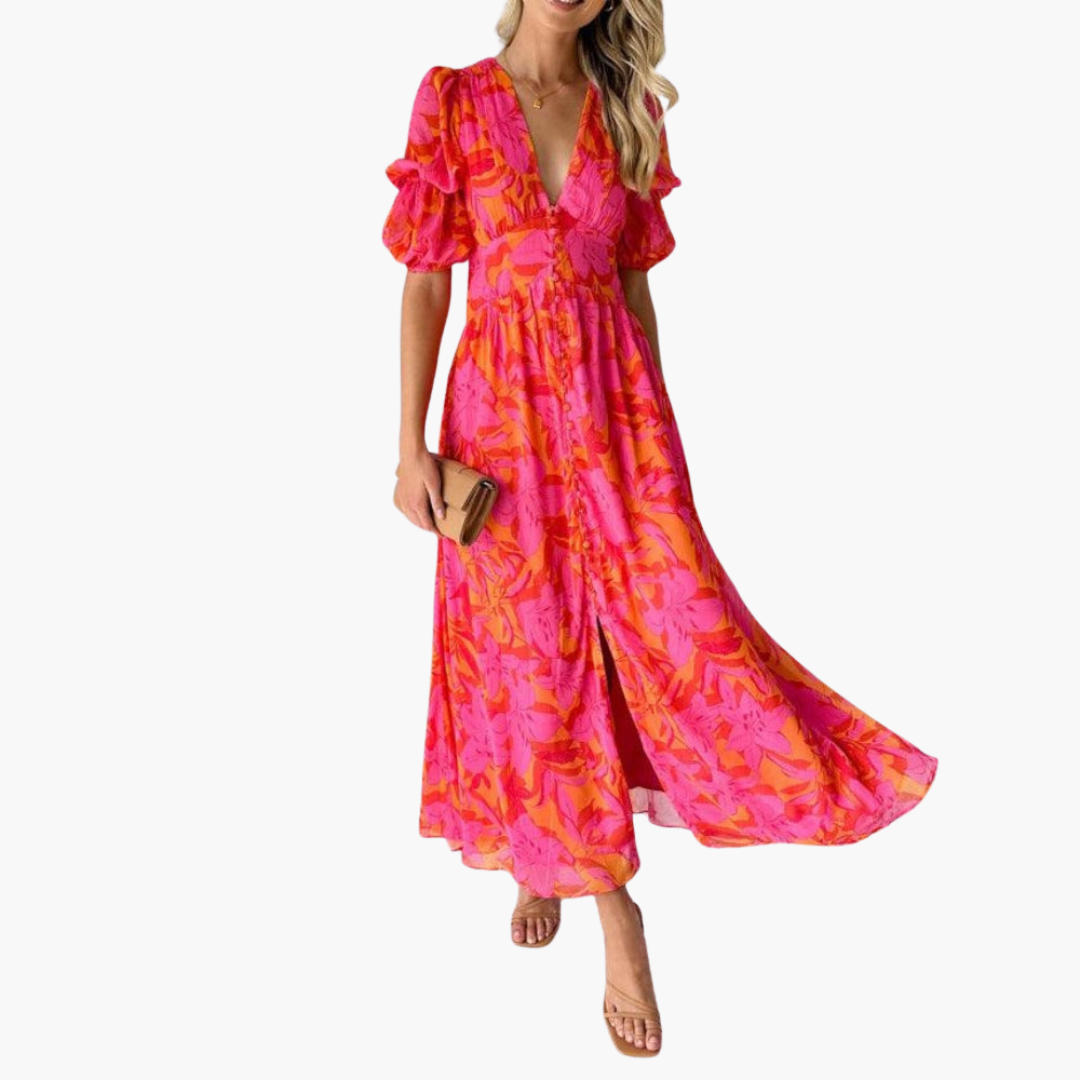 Elara Women's Maxi Dress | V-Neck with Puff Sleeves, Elegant Summer Style 0