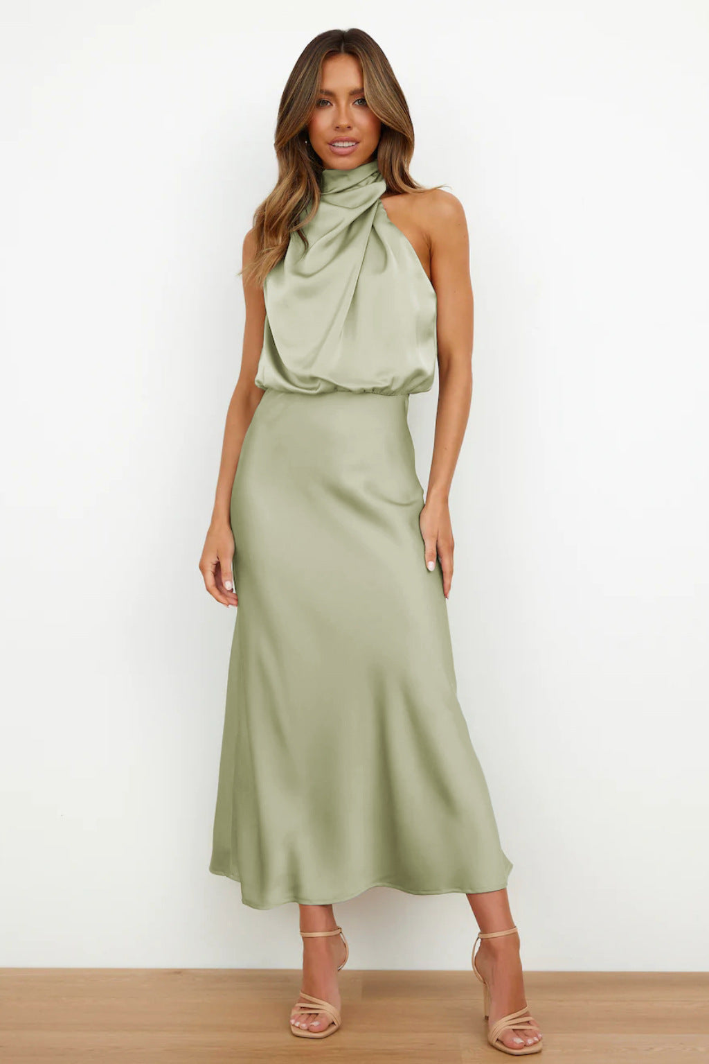 Elegant Evening Gown | Satin Halter Design, Formal Wedding Guest Dress 0