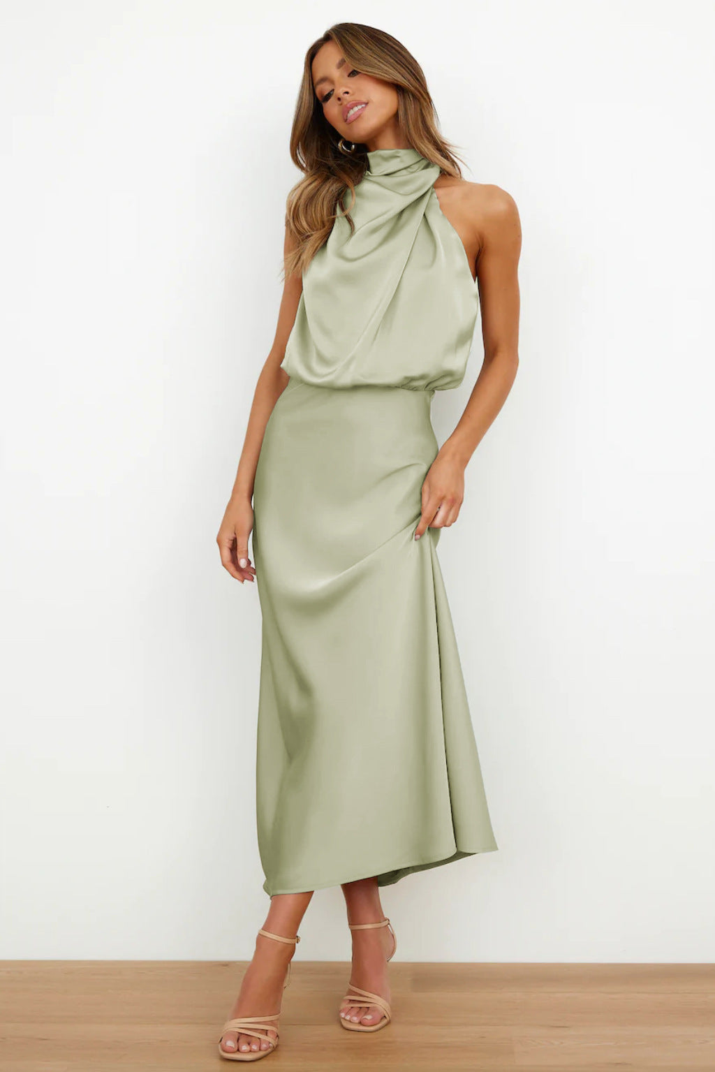 Elegant Evening Gown | Satin Halter Design, Formal Wedding Guest Dress 1