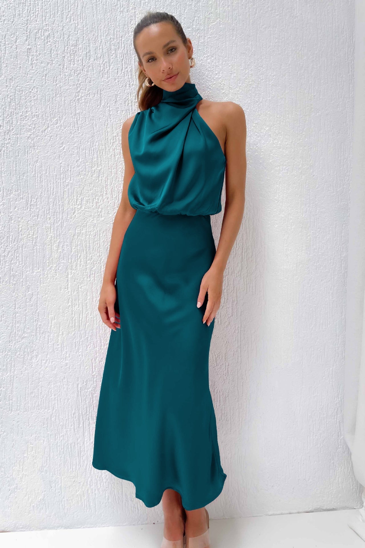 Elegant Evening Gown | Satin Halter Design, Formal Wedding Guest Dress 11