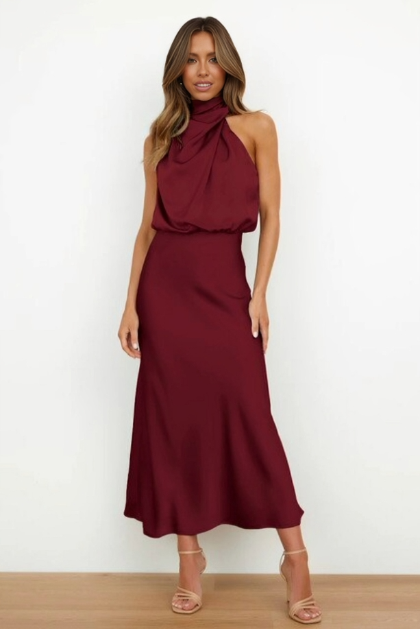 Elegant Evening Gown | Satin Halter Design, Formal Wedding Guest Dress 13
