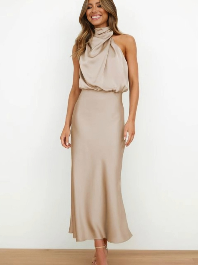 Elegant Evening Gown | Satin Halter Design, Formal Wedding Guest Dress 3