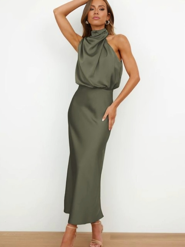 Elegant Evening Gown | Satin Halter Design, Formal Wedding Guest Dress 8