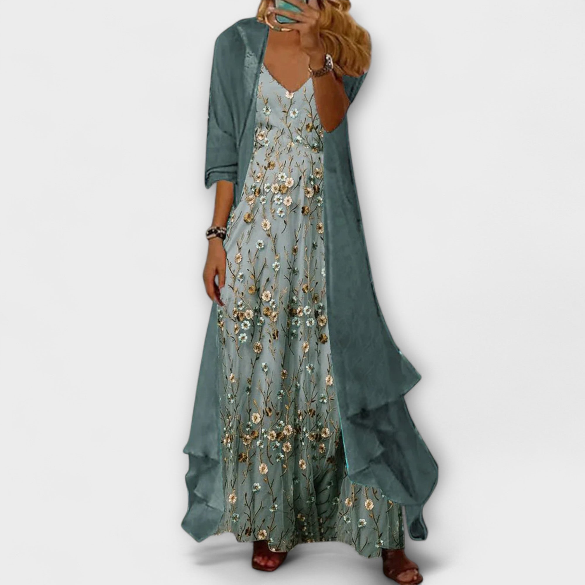 Elegant Maxi Dress Set | Soft Coffee Print 0