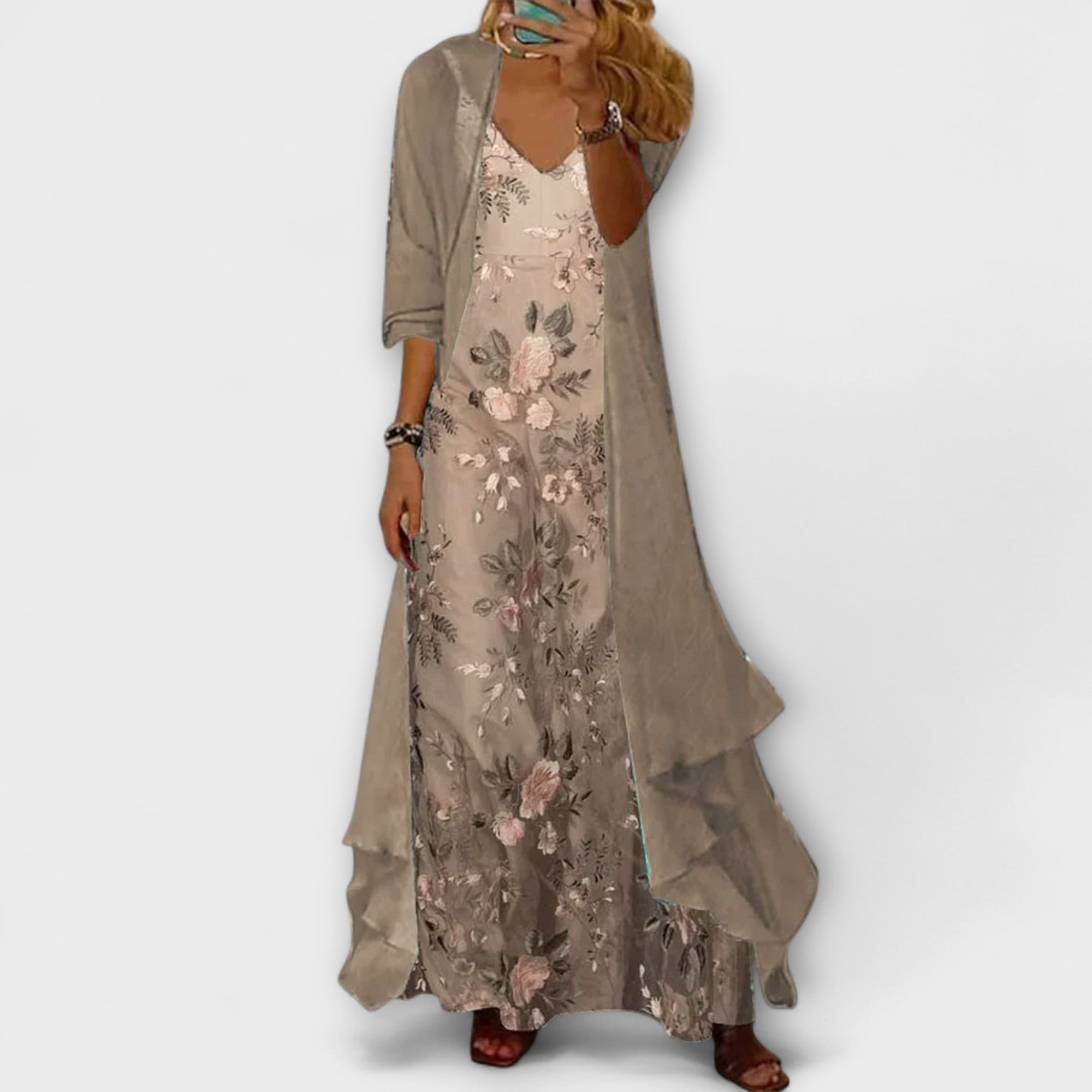 Elegant Maxi Dress Set | Soft Coffee Print 1