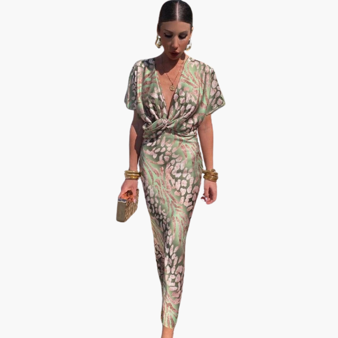 Elegant Women's Ankle-Length Dress | V-Neck with Knotted Front Detail 0