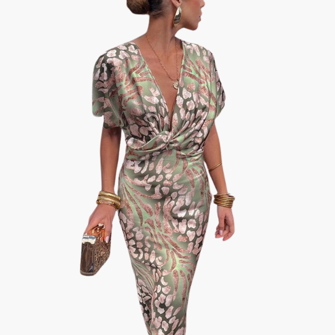 Elegant Women's Ankle-Length Dress | V-Neck with Knotted Front Detail 1