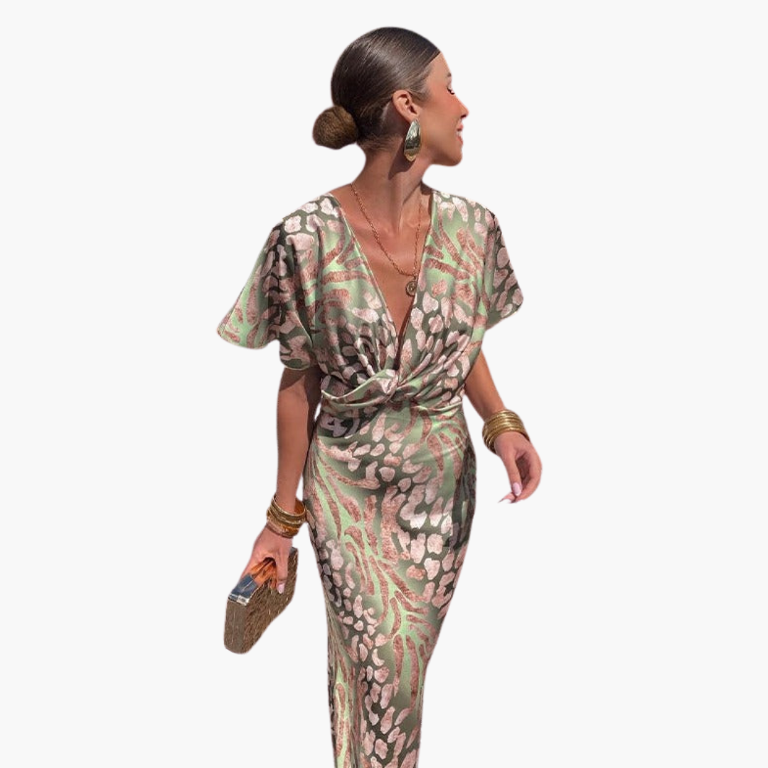 Elegant Women's Ankle-Length Dress | V-Neck with Knotted Front Detail 2