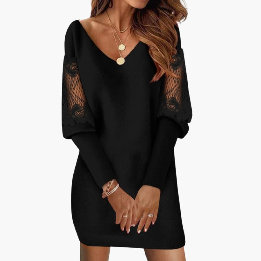 Elegant Women's Dress | V-Neck Lace Panels, Knee-Length 0