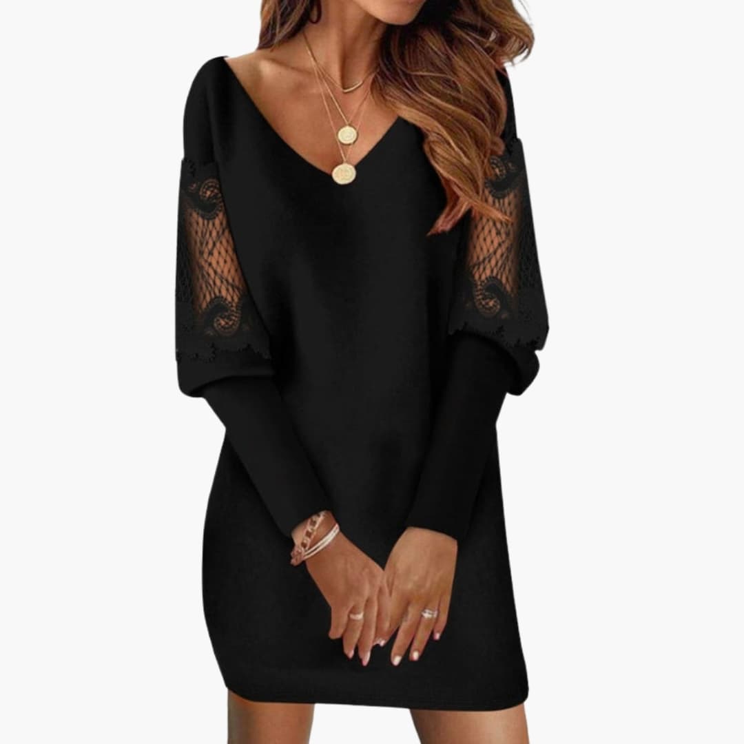 Elegant Women's Dress | V-Neck Lace Panels, Knee-Length 1