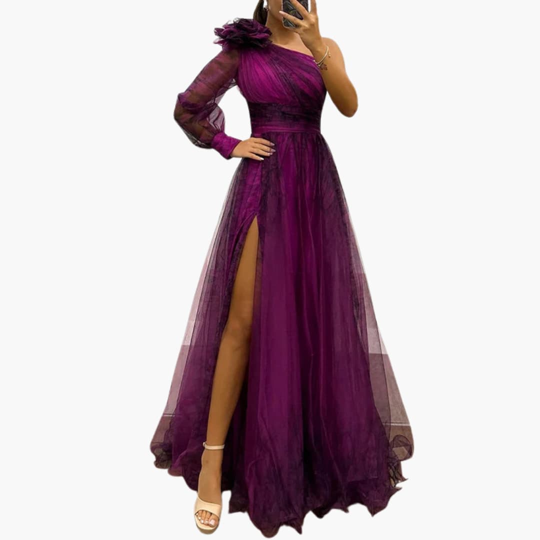Elegant Women's Maxi Dress | One-Shoulder Mesh Print 1