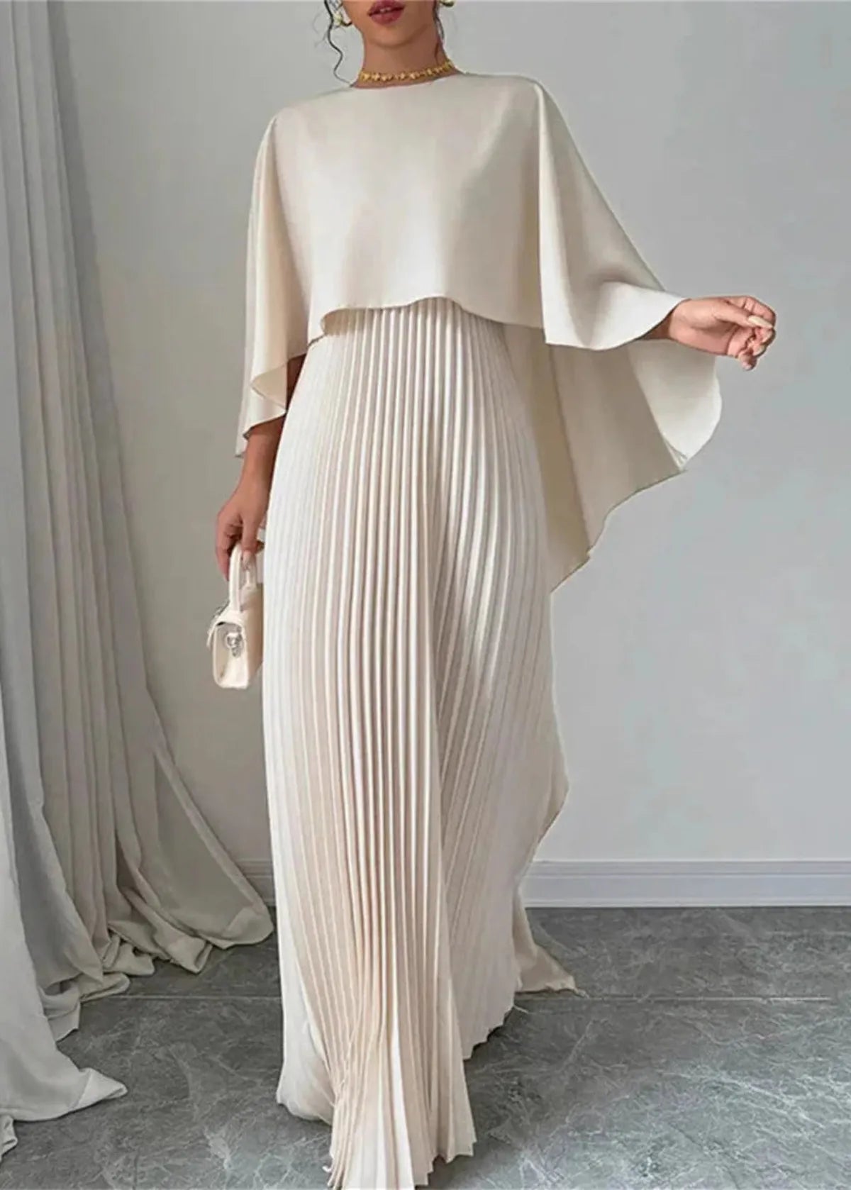 Elegant Women's Maxi Dress | Pleated Cape Design 0