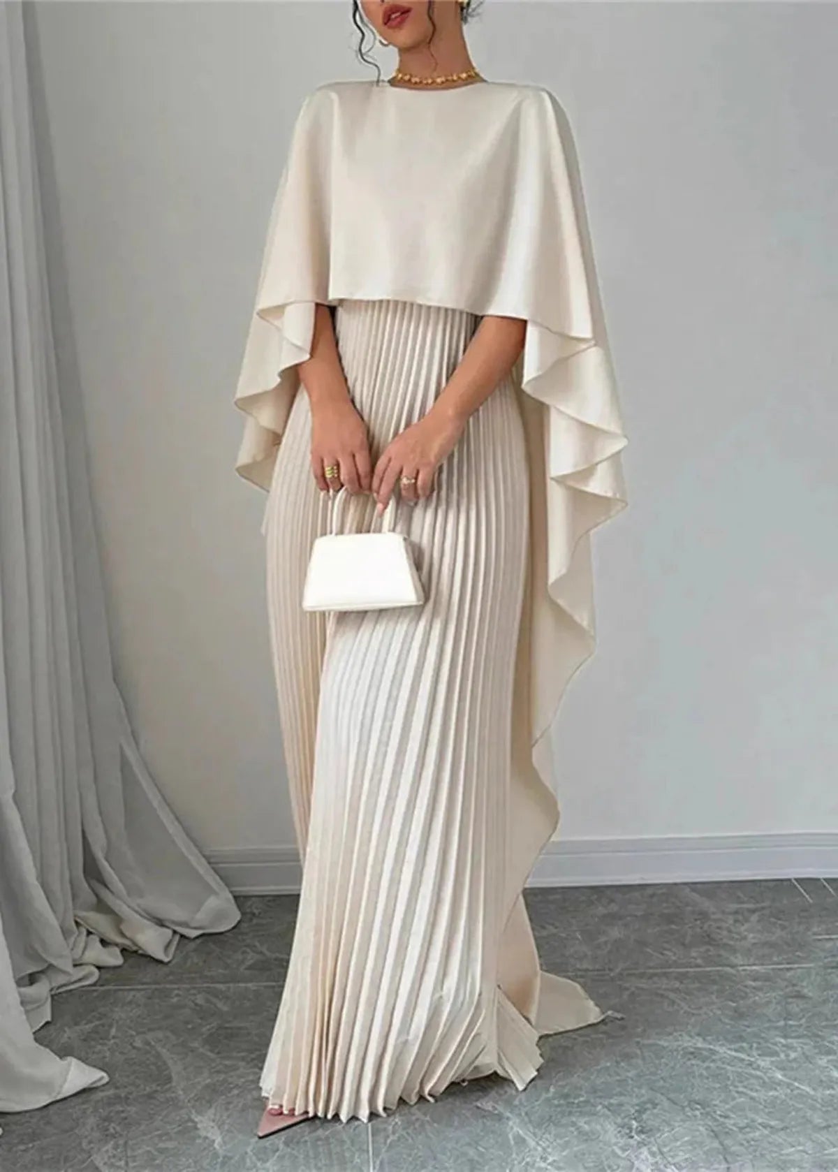 Elegant Women's Maxi Dress | Pleated Cape Design 2
