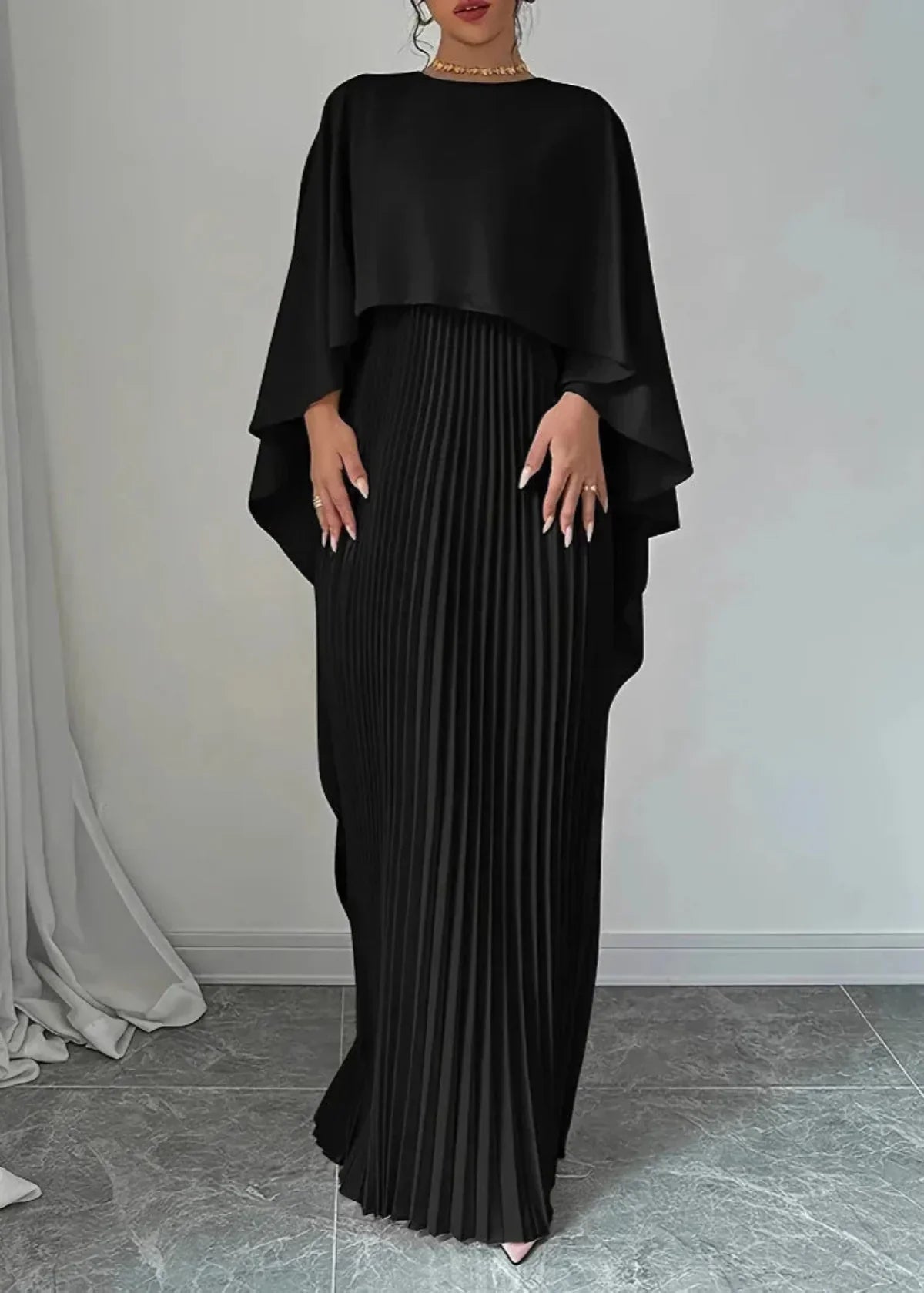 Elegant Women's Maxi Dress | Pleated Cape Design 4