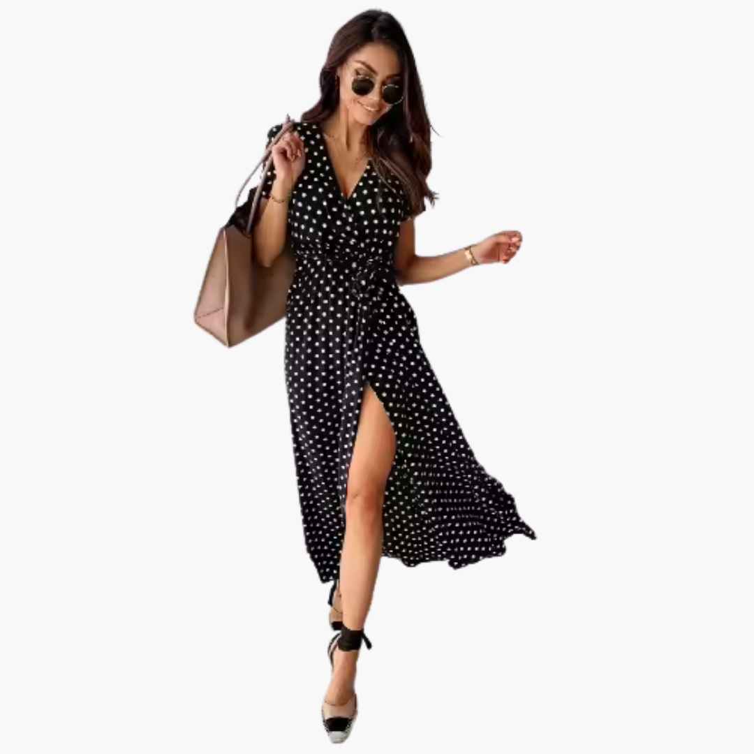Elegant Women's Maxi Dress | V-Neckline with Waist Tie, Summer Style 0