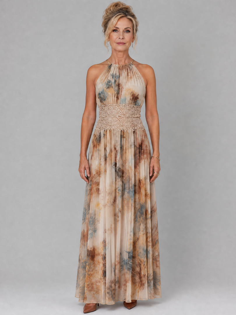 Evelyn Women's Maxi Dress | Lace Waist, Watercolor Print 0