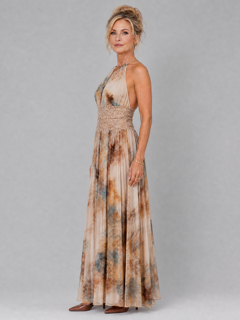 Evelyn Women's Maxi Dress | Lace Waist, Watercolor Print 1