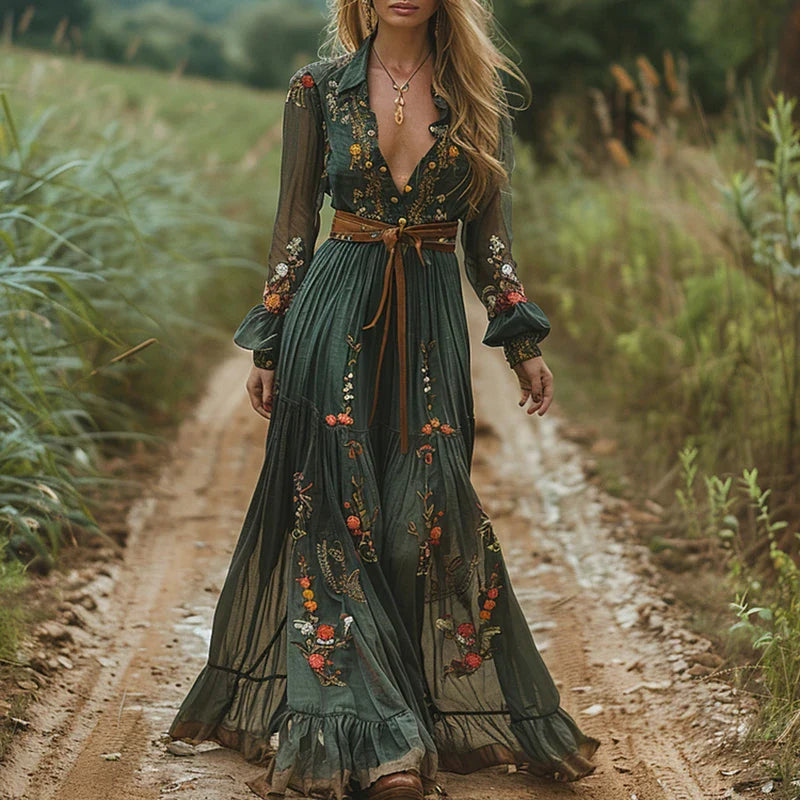Floral Women's Maxi Dress | Pleated Design, Vintage Style 0