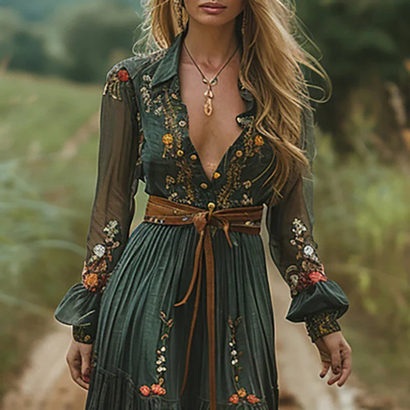 Floral Women's Maxi Dress | Pleated Design, Vintage Style 1