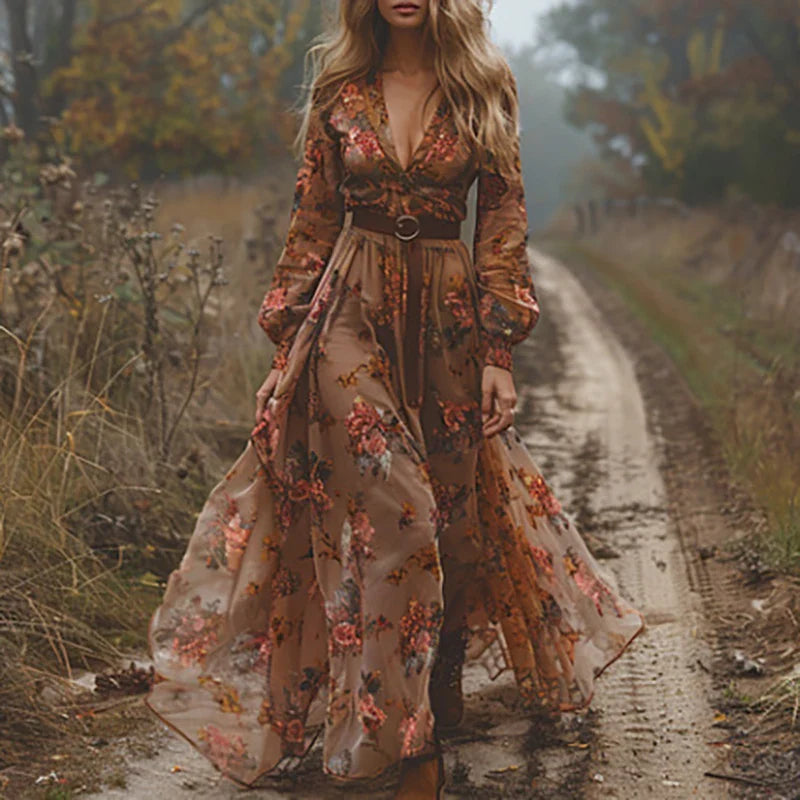 Floral Women's Maxi Dress | Pleated Design, Vintage Style 3