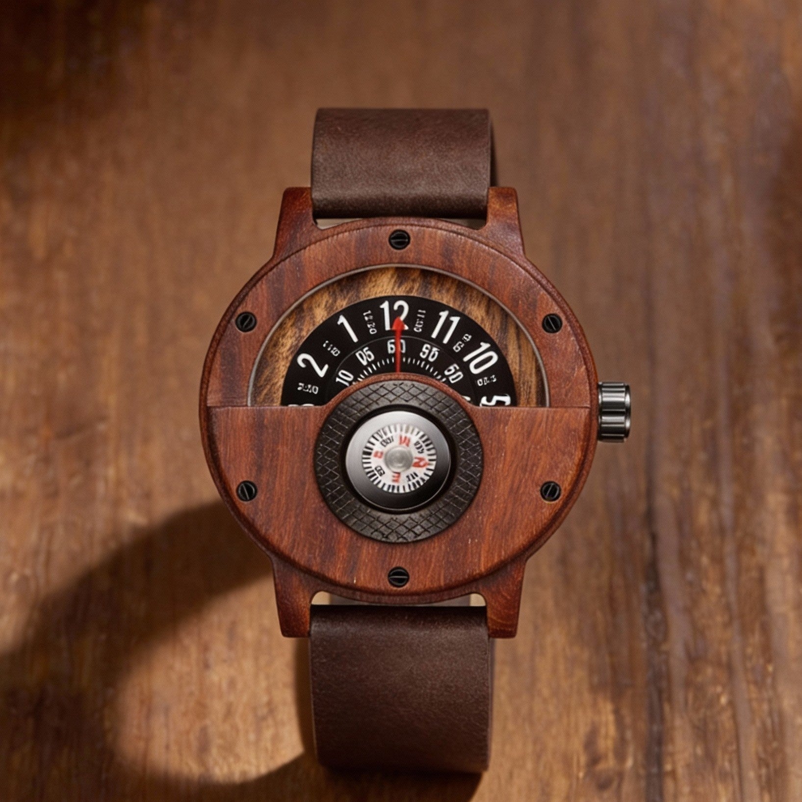 Hector Montre Homme | Boîtier Bois de Noyer, Bracelet Cuir PU 0